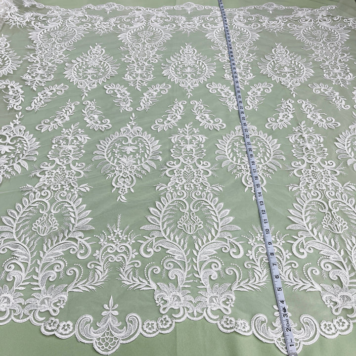 1 Yard Exquisite Corded Embroidered Bridal Lace Fabric for Elegant Dresses White