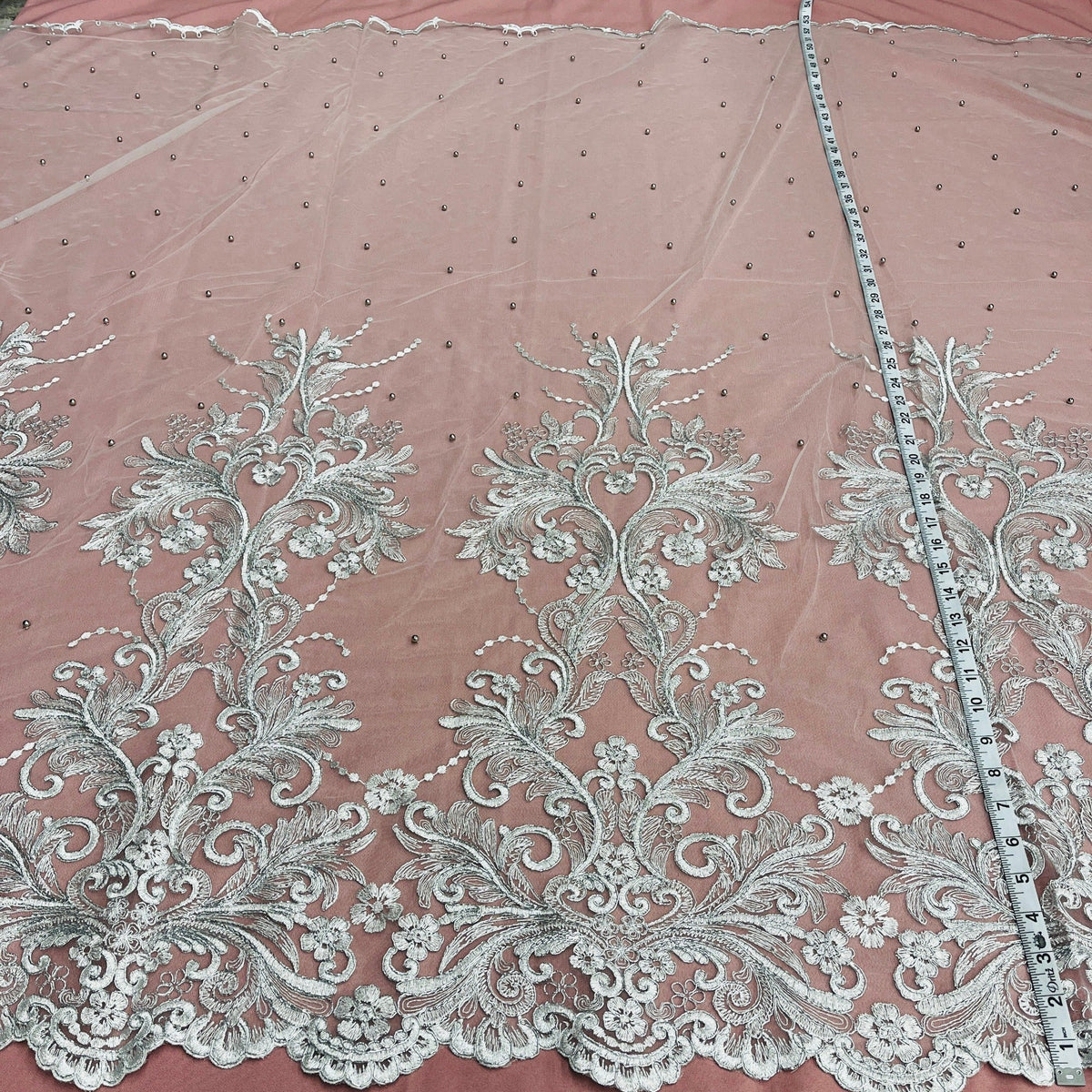 1 Yard Elegant Beaded & Corded Embroidered Bridal Lace on Polyester Mesh, Style 73013W-NB