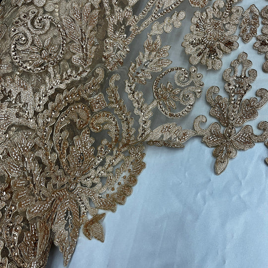 1 Yard Beaded Corded Bridal Lace Fabric Embroidered on 100 Percent Polyester Net Mesh Gold