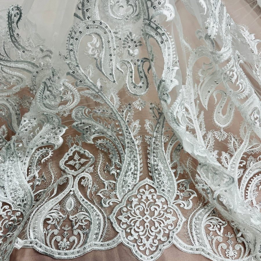 1 Yard Luxurious Beaded Lace Fabric Embroidered on Polyester Net Mesh for Bridal Gowns