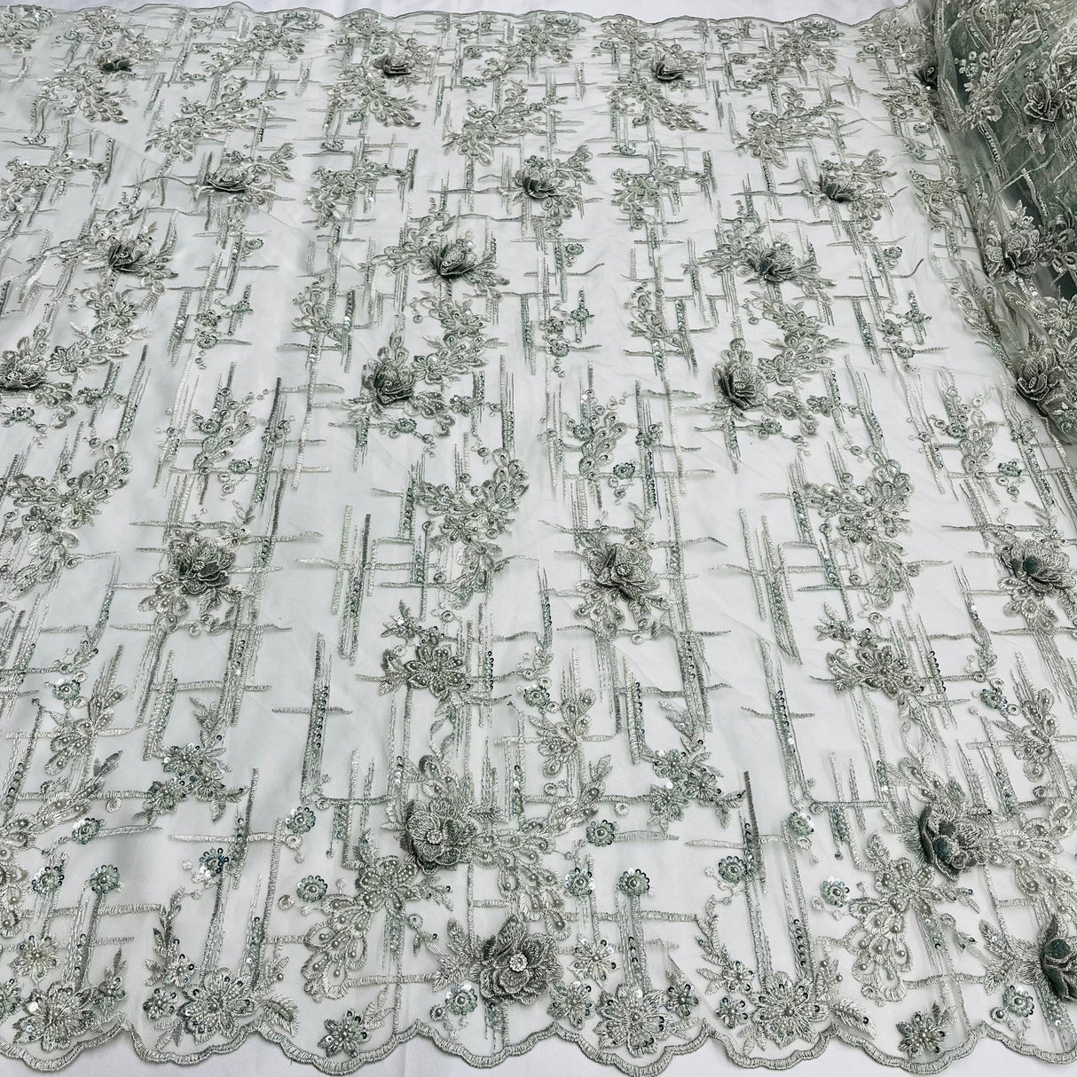 1 Yard Beaded Rhinestone 3D Floral Lace Fabric Embroidered 100 Percent Polyester Net Mesh 50 inch Width