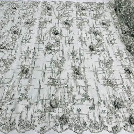 1 Yard Beaded Rhinestone 3D Floral Lace Fabric Embroidered 100 Percent Polyester Net Mesh 50 inch Width