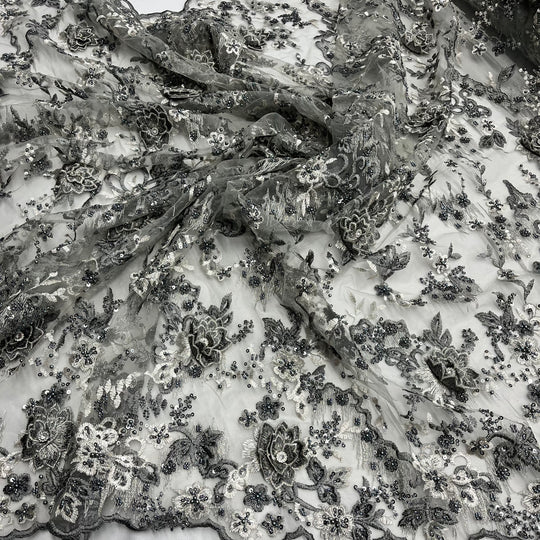 1 Yard Beaded Rhinestone 3D Floral Lace Fabric Embroidered 100 Percent Polyester Net Mesh 50 inch Width