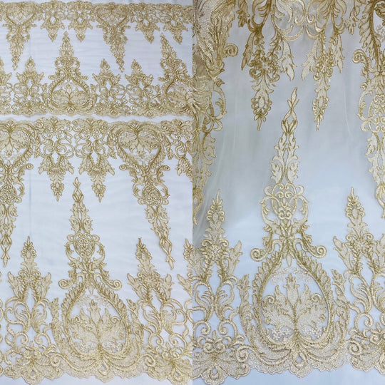 1 Yard Corded Bridal Lace Fabric Embroidered on 100 Percent Polyester Net Mesh Gold