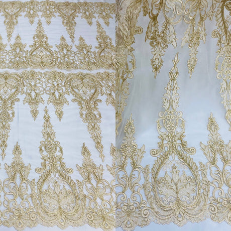 1 Yard Corded Bridal Lace Fabric Embroidered on 100 Percent Polyester Net Mesh Gold