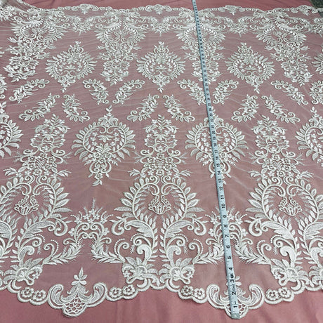 1 Yard Corded Bridal Lace Fabric Embroidered on Polyester Net Mesh 52 inch Width