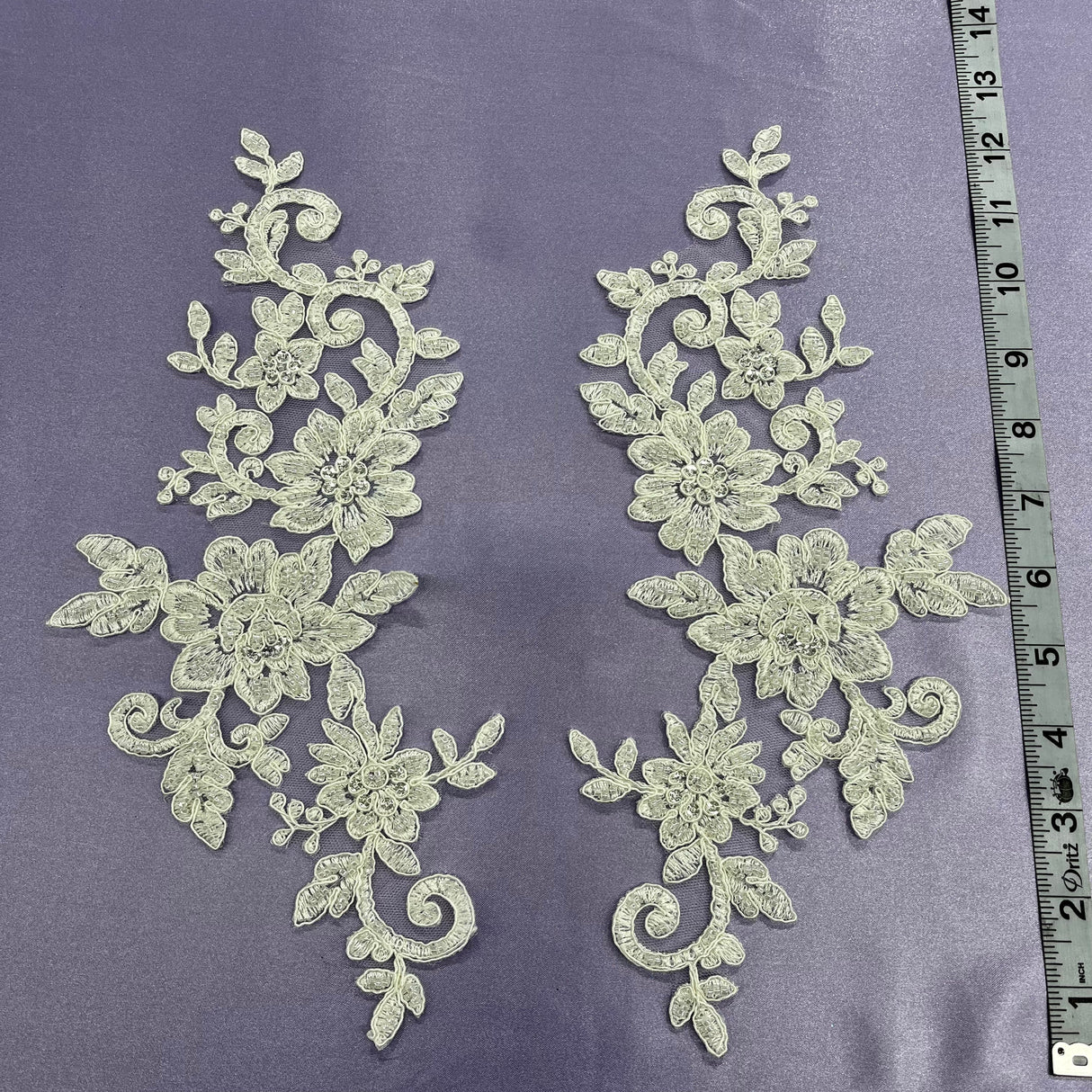 Beaded Corded Floral Lace Applique on Polyester Net Mesh