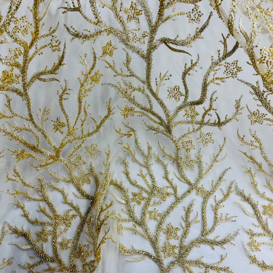 1 Yard Beaded Lace Fabric Embroidered With Fuzzy Thread on Polyester Net Mesh 54 inch Width
