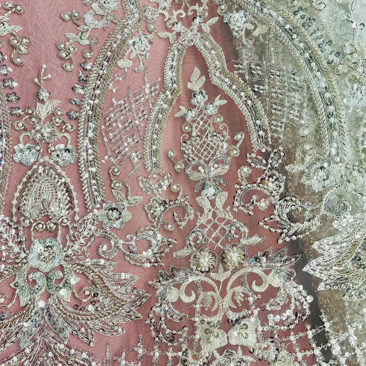1 Yard Beaded Lace Fabric Embroidered on 100% Polyester Net Mesh, Elegant Sheer Textile