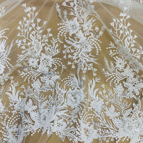 1 Yard Elegant Beaded Lace Fabric White