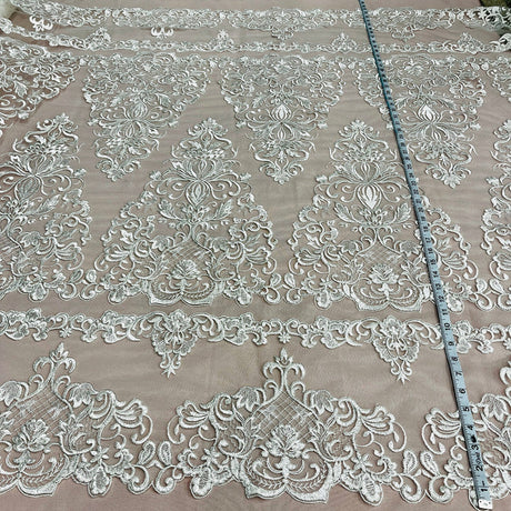 1 Yard Elegant Corded Bridal Lace Fabric Embroidered on 100% Polyester Net Mesh White