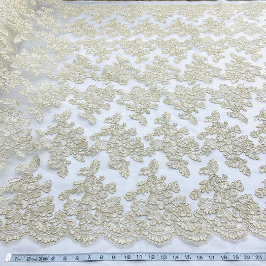 1 Yard Corded Bridal Lace Fabric Embroidered on 100% Polyester Net Mesh – 51"