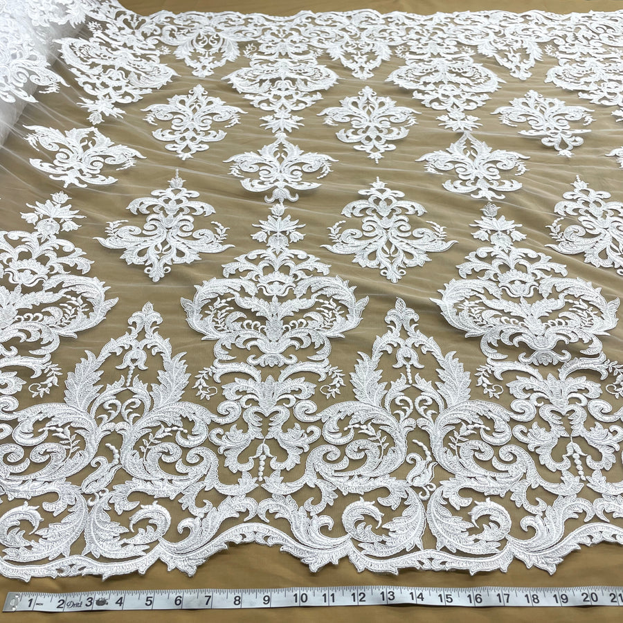 1 Yard Corded Bridal Lace Fabric Embroidered on 100% Polyester Net Mesh