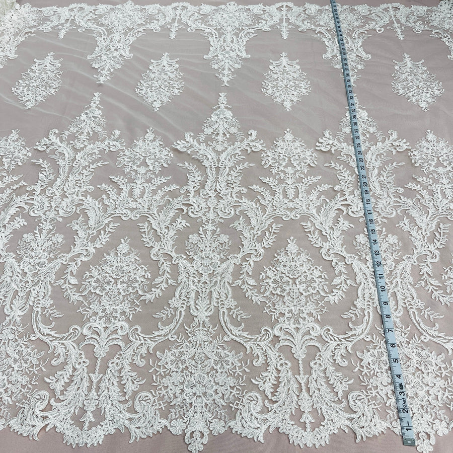 1 Yard Corded Bridal Lace Fabric Embroidered on Polyester Net Mesh