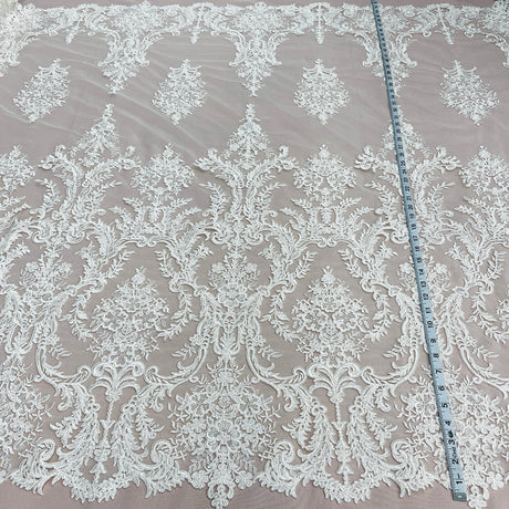 1 Yard Corded Bridal Lace Fabric Embroidered on Polyester Net Mesh