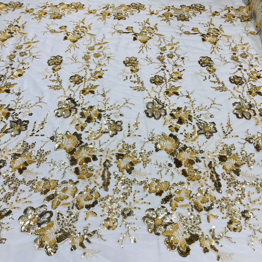 1 Yard Beaded & Sequined Lace Fabric Embroidered on 100% Polyester Net Mesh | Ivory with Gold