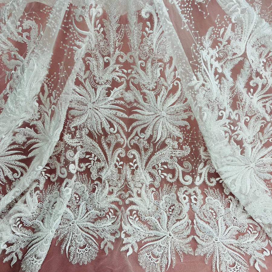 1 Yard Beaded Lace Fabric Embroidered With Fuzzy Thread on 100% Polyester Net Mesh