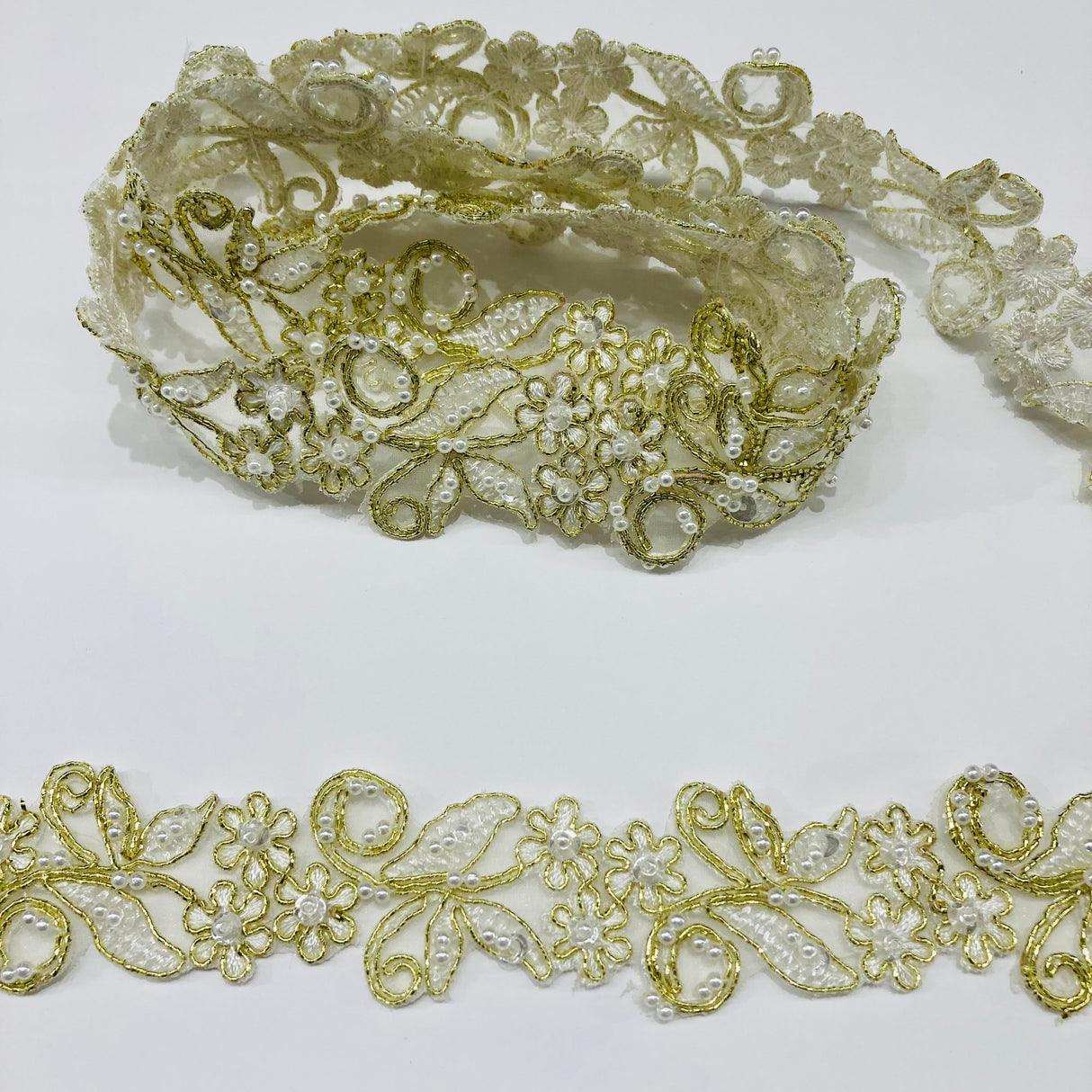 Beaded Corded Lace Trim on Polyester Organza