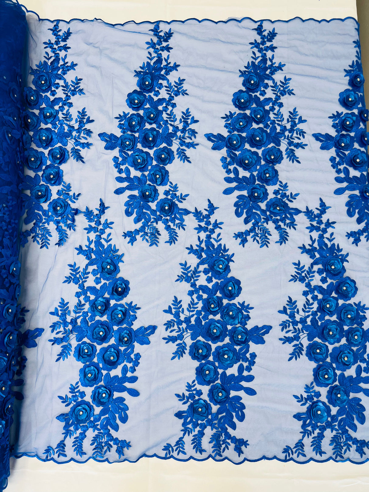 Rosa 3D Floral Design With Rhinestones Polyester Fabric - 3D Floral Embroidered Mesh Lace, 54" Width (1 Yard)
