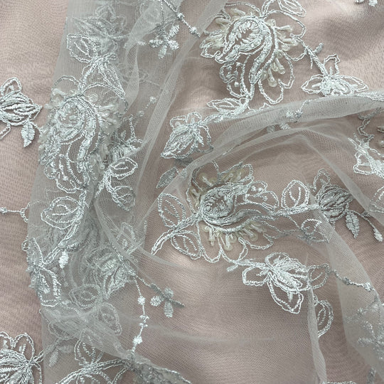 1 Yard Beaded and Corded Bridal Lace Fabric Embroidered on Polyester Net Mesh for Elegant Wedding Gowns – 50"