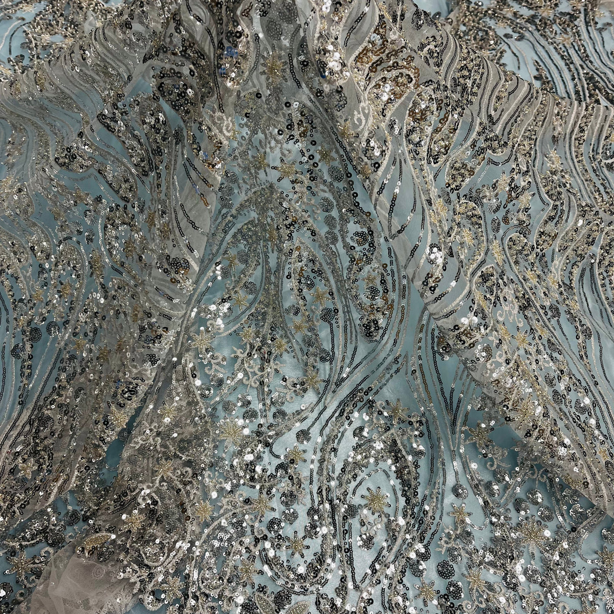 1 Yard Luxury Beaded Lace Embroidered Sheer Polyester Net Fabric for Bridal & Evening Wear