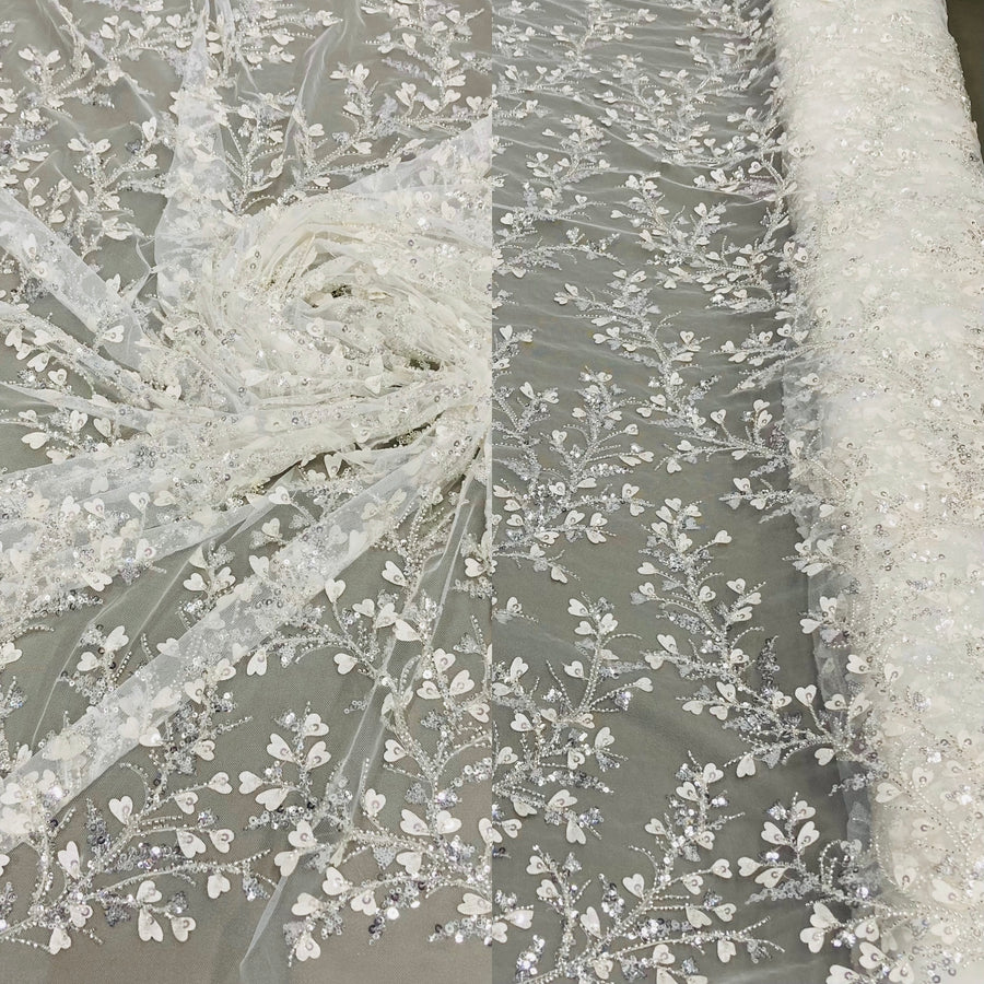 1 Yard Ivory with Silver Beaded 3D Floral Lace Fabric Embroidered on Polyester Net Mesh 54 Inch Width