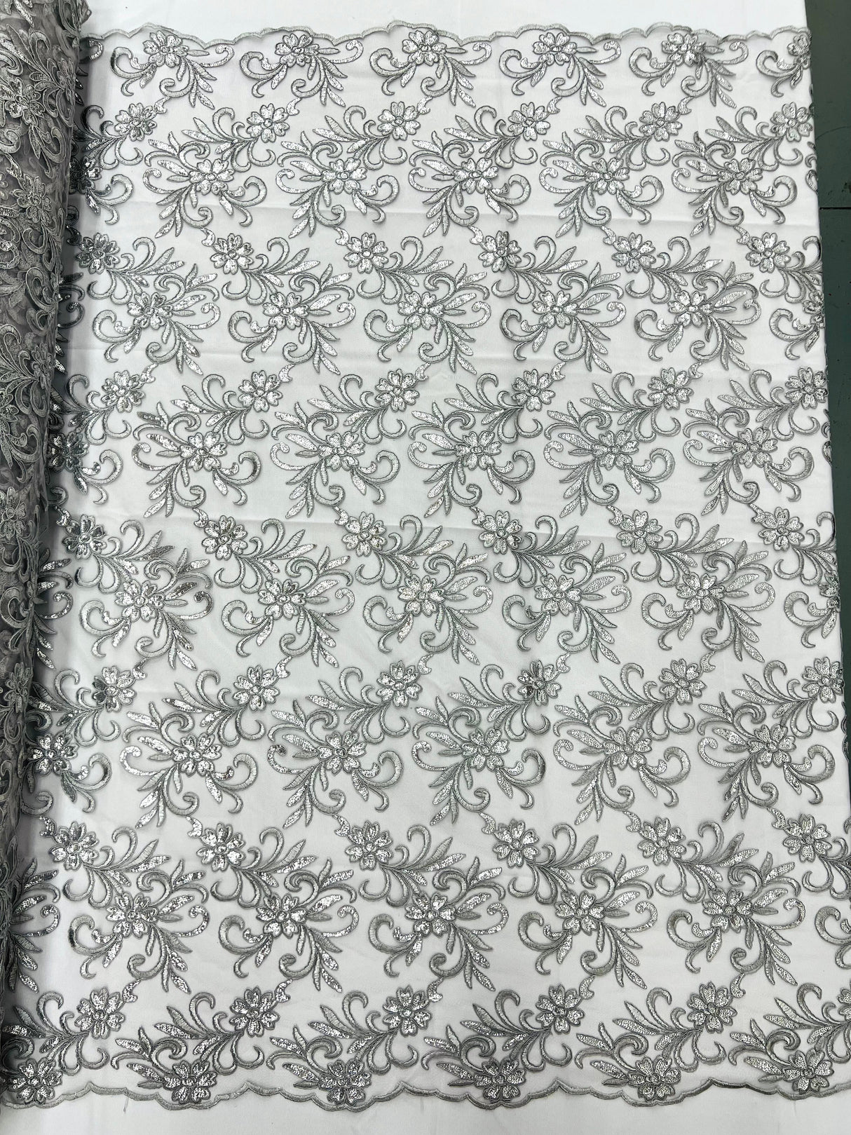 Estrella Corded Flowers Embroider With Sequins Mesh Lace Fabric - Floral Embroidered, Double Scallop, 50-54" Width, 36" Length (1 Yard)