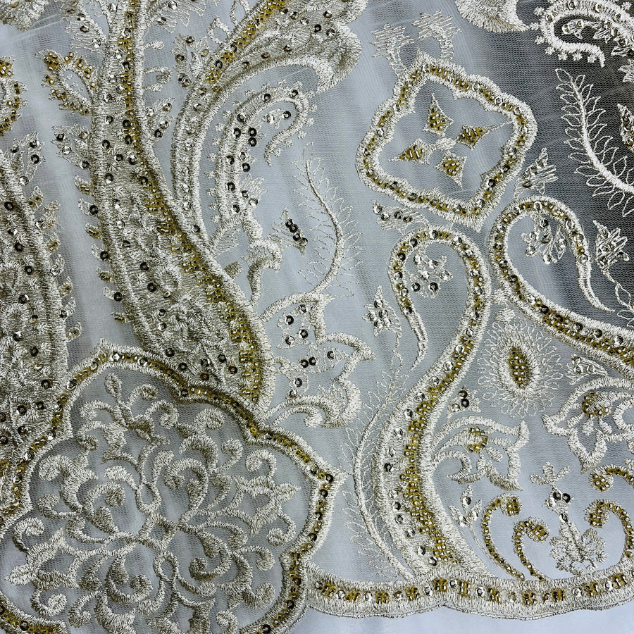 1 Yard Luxurious Beaded Lace Fabric Embroidered on Polyester Net Mesh for Bridal Gowns