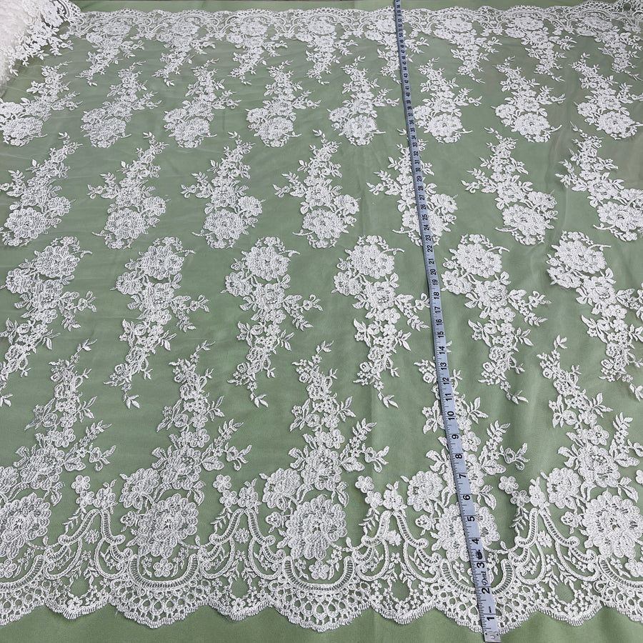 1 Yard Corded Bridal Lace Fabric Embroidered on Polyester Net Mesh