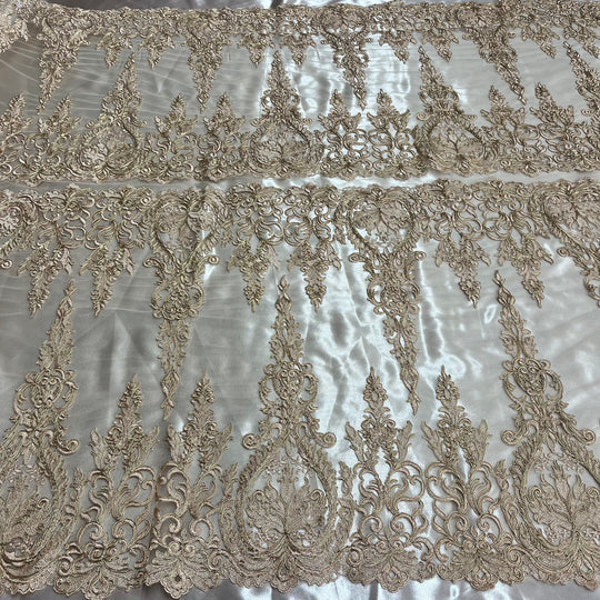 1 Yard Corded Bridal Lace Fabric Embroidered on 100 Percent Polyester Net Mesh Gold
