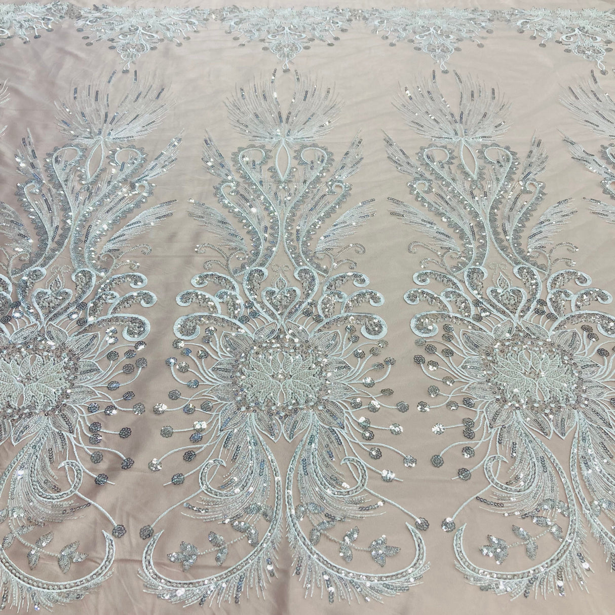 Beaded Lace Fabric on Polyester Net Mesh