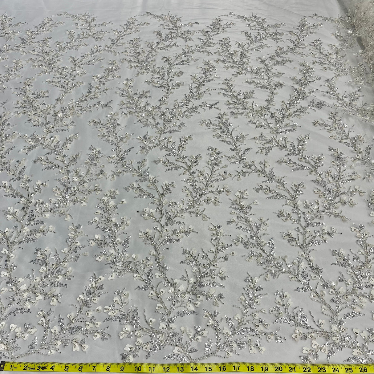 Beaded 3D Floral Lace Fabric Ivory with Silver 54"