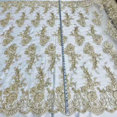 1 Yard Elegant Corded Bridal Lace Fabric with Floral Embroidery White