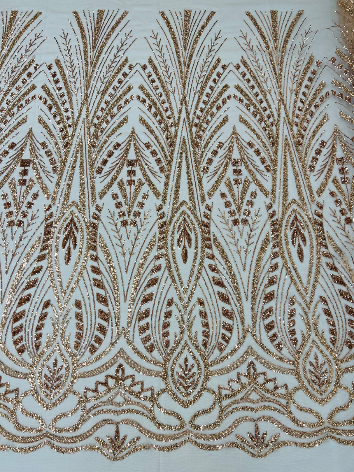 Heavy Beaded Damask Lace Polyester Fabric - Embroidered Beaded Mesh Lace, Double Scallop, 54" Width (1 Yard)