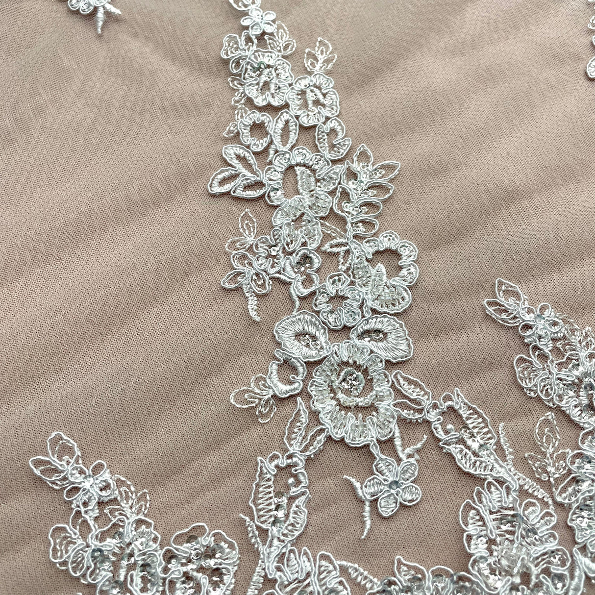 Beaded Corded Floral Lace White Mesh