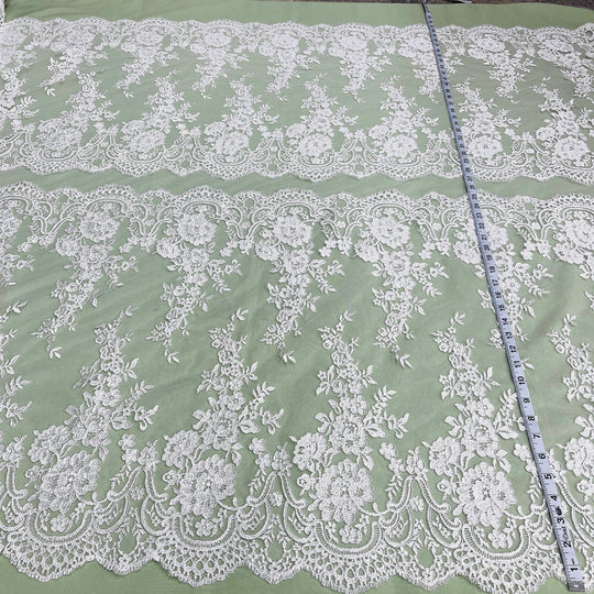 1 Yard Silver Corded Bridal Lace Fabric Embroidered on Polyester Net Mesh Elegant Floral 50 Inch Width