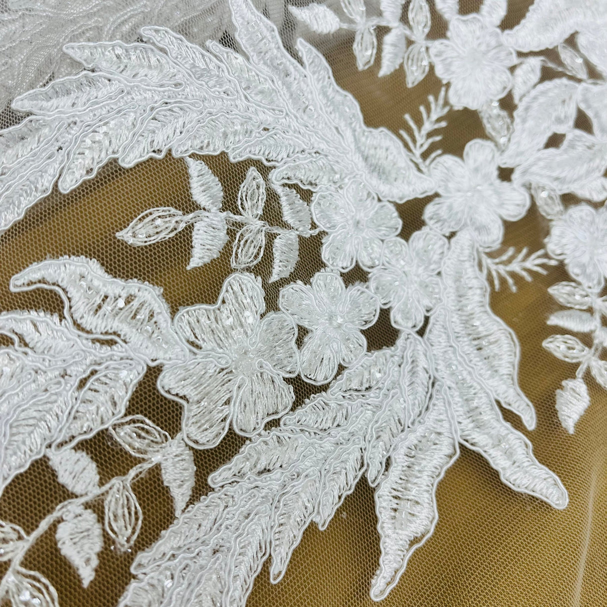 1 Yard Beaded and Corded Bridal Fabric Lace Embroidered on Polyester Net Mesh 51 inch Width