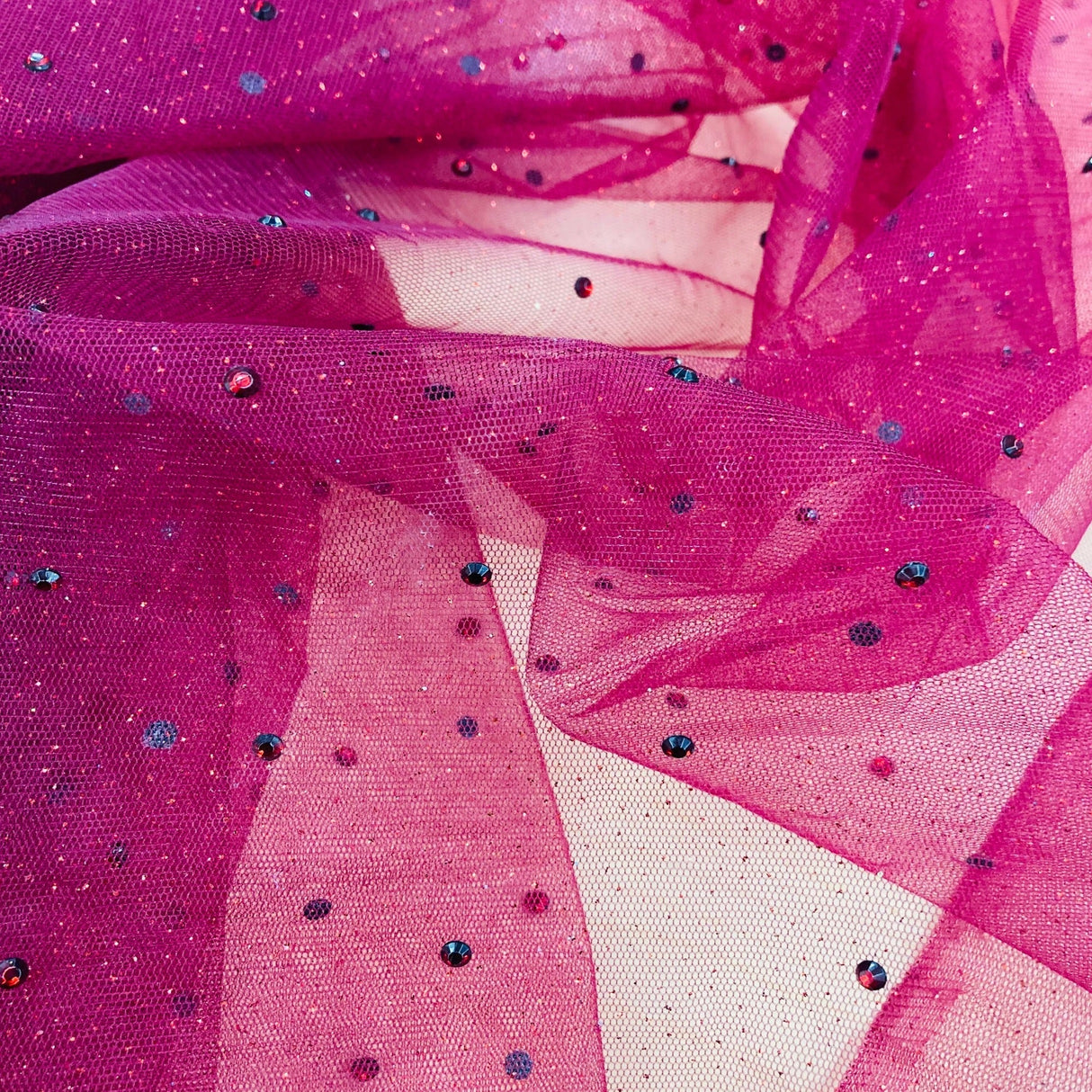 Glitter Mesh Fabric with Scattered Rhinestones
