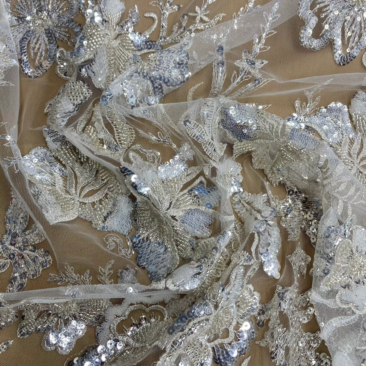 Beaded Sequined Lace Fabric Ivory