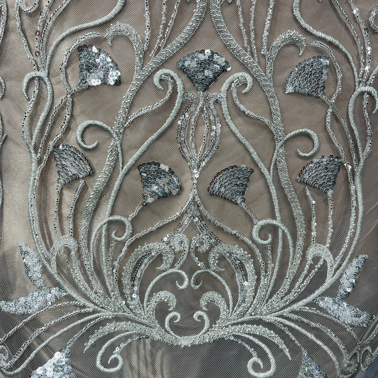 Beaded Lace Fabric Silver Mesh