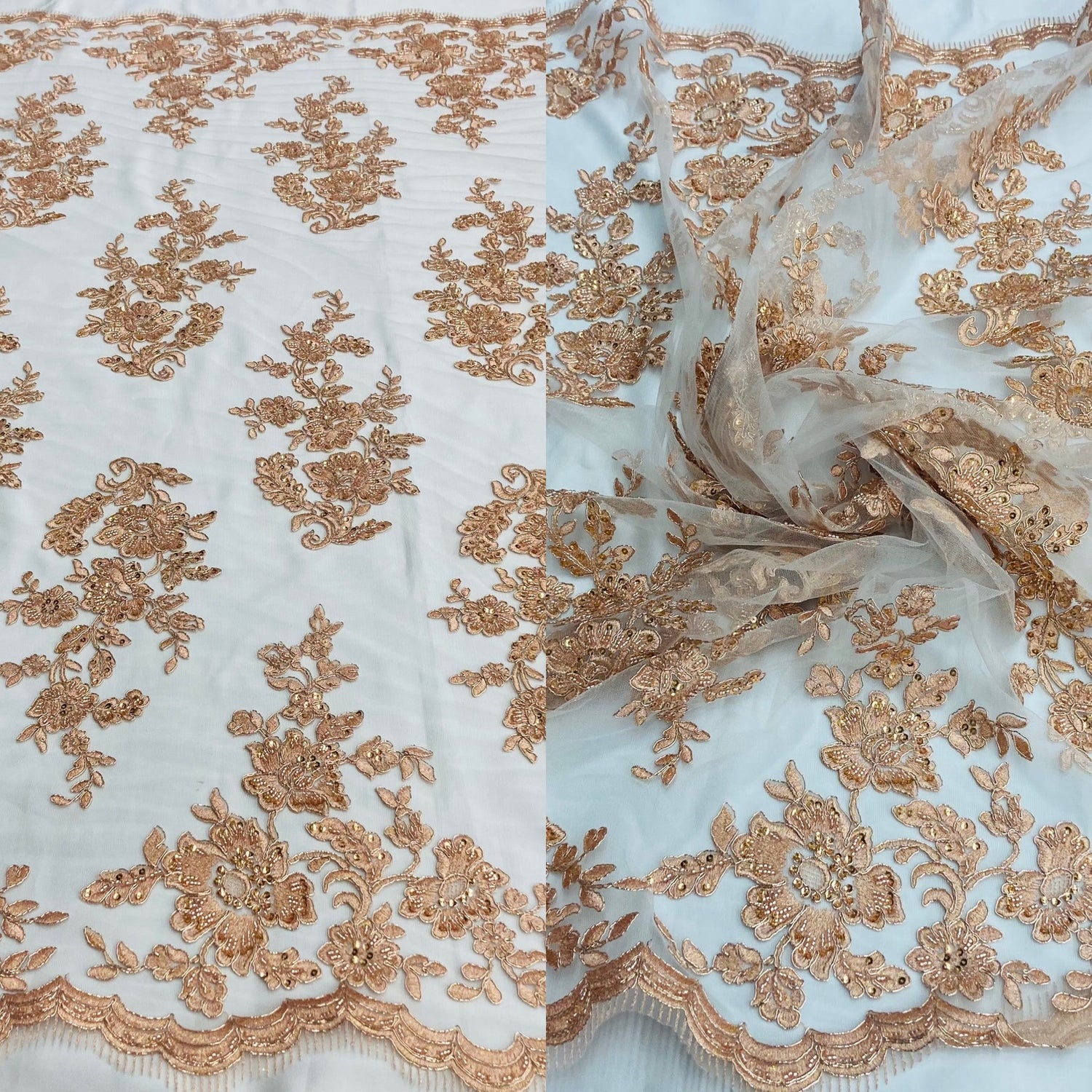 1 Yard Beaded Corded Bridal Lace Fabric Embroidered 100 Percent Polyester Net Mesh 51 inch Width