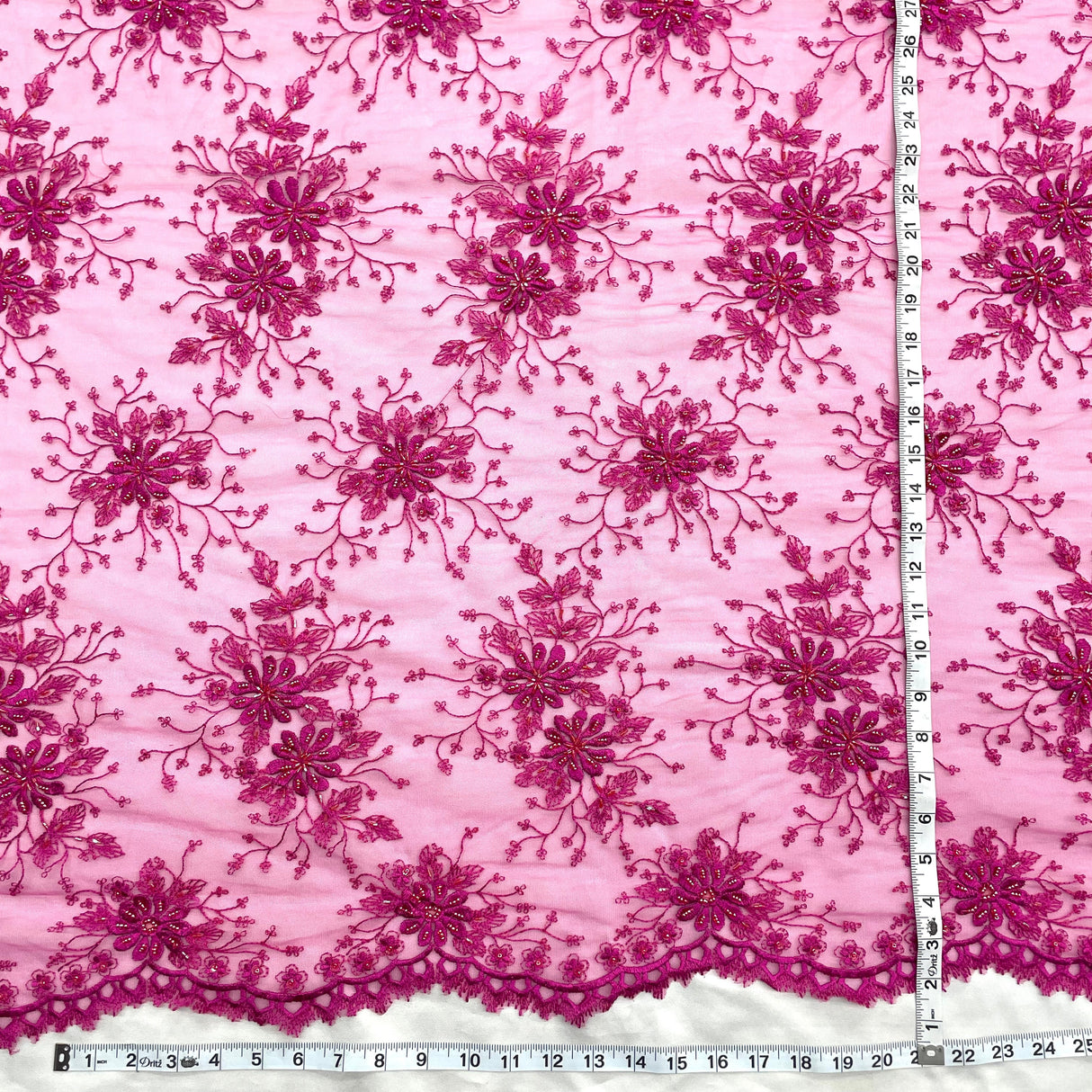 Beaded Lace Fabric Embroidered On 100 Percent Polyester Net Mesh - Fuchsia, Teal, 52" Width (1 Yard)