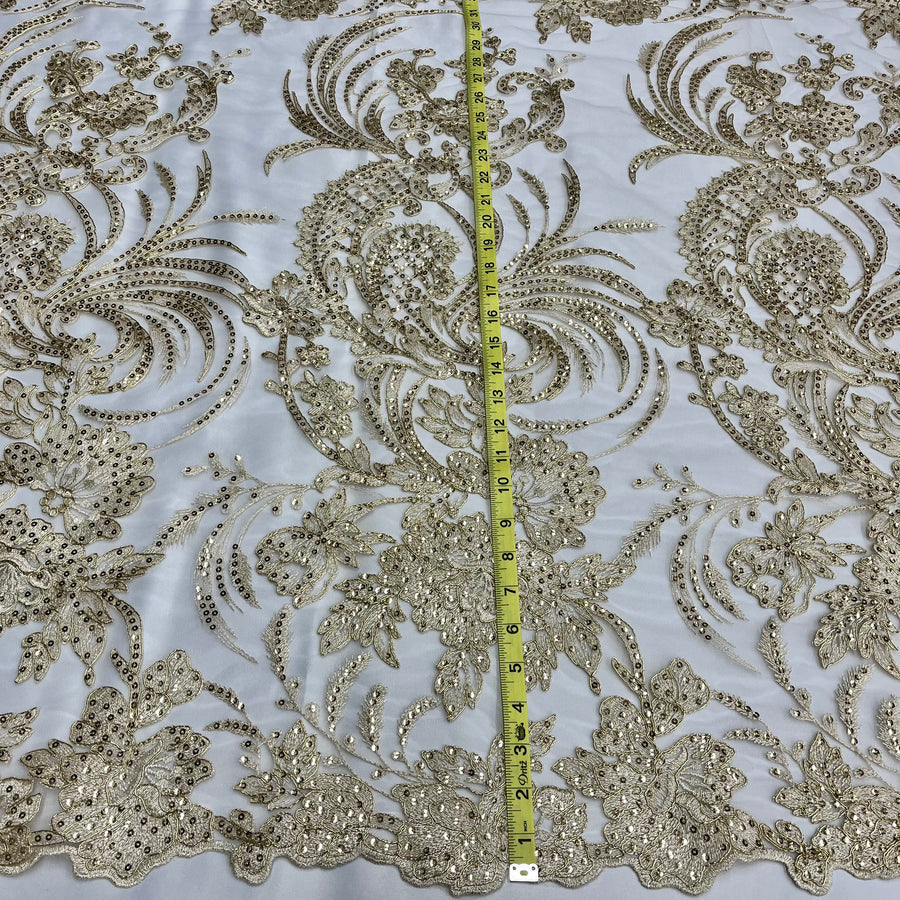1 Yard - Corded & Sequined Bridal Lace Fabric Embroidered on 100% Polyester Net Mesh - 54"