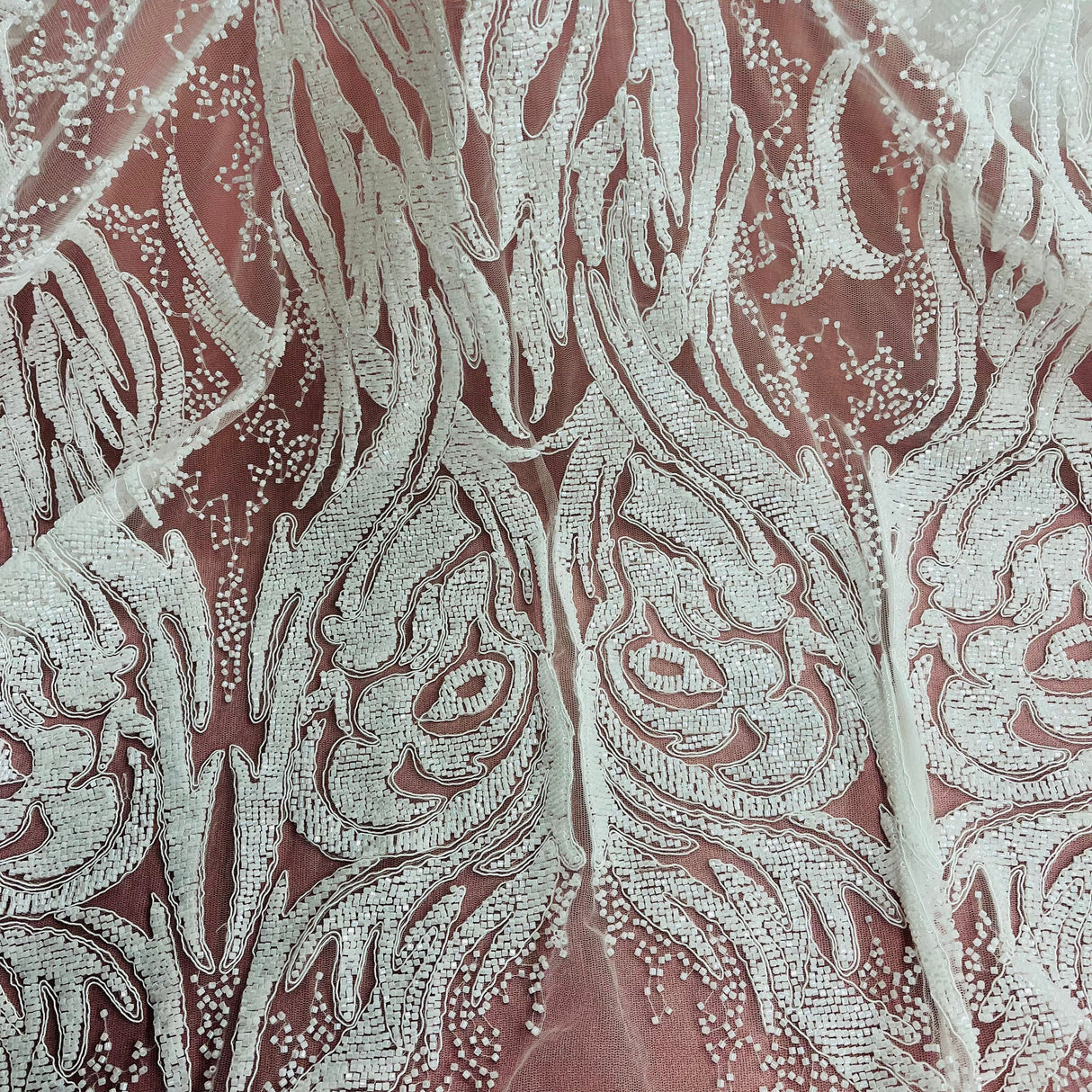 Beaded & Corded Bridal Lace Fabric - Embroidered 100 Percent Polyester Net Mesh, Ivory, Antique Silver, Gold, Silver, White, 58" Width (1 Yard)