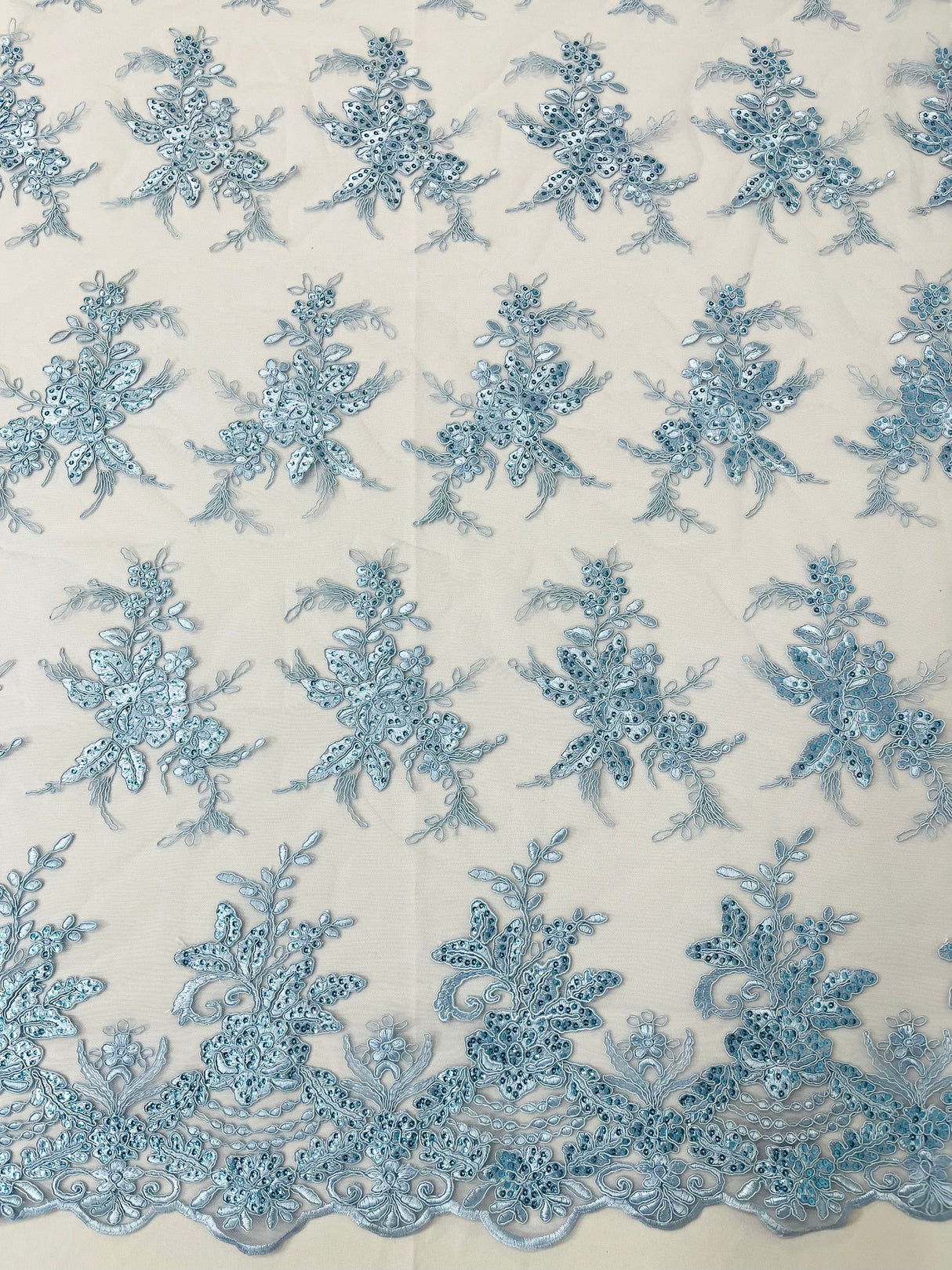 Valentina Embroider Floral Lace Polyester Fabric - Corded Floral Embroidery With Sequins, Mesh Lace, Double Scallop Edge, 50-54" Width (1 Yard)