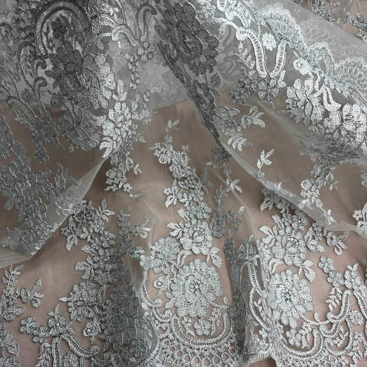 1 Yard Exquisite Corded Bridal Lace Fabric with Embroidered Floral Details White
