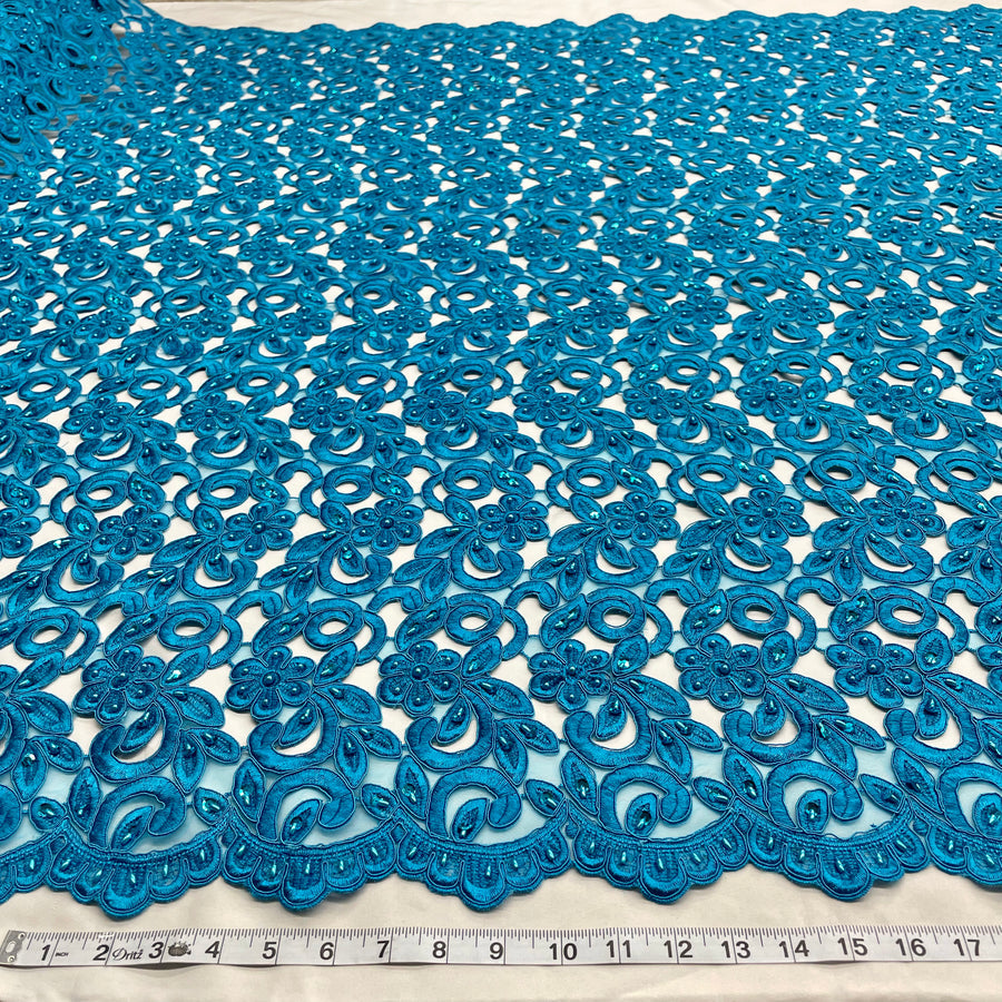1 Yard Beaded Corded Bridal Lace Fabric Embroidered on 100 Percent Polyester Net Mesh 52 Inch Width