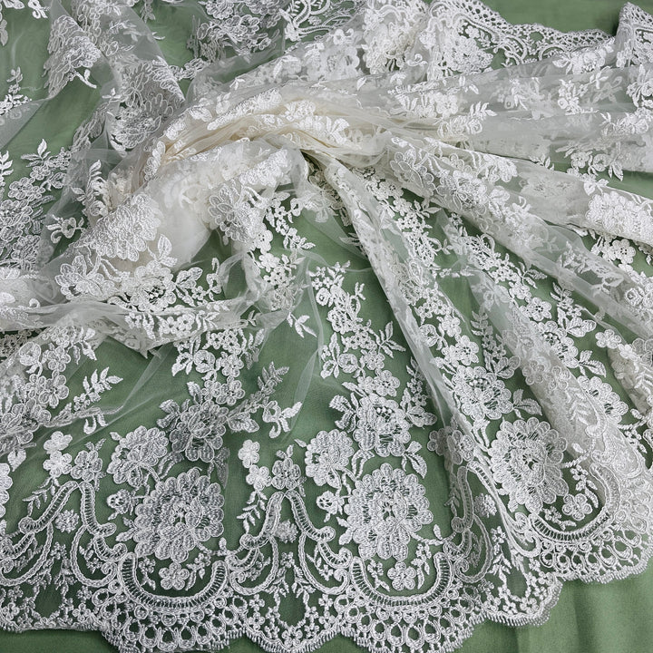 1 Yard Elegant Corded Bridal Lace Fabric with Floral Embroidery White