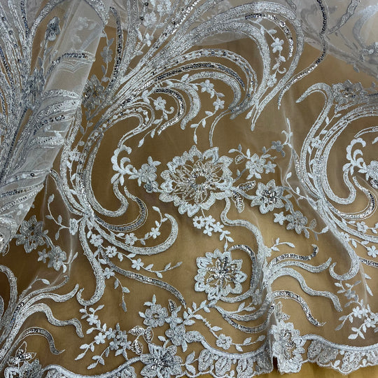 1 Yard Beaded Corded Bridal Lace Fabric Embroidered 100 Percent Polyester Net Mesh 52 inch Width