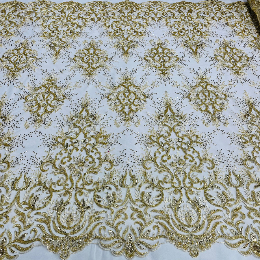 1 Yard Beaded & Corded Bridal Lace Fabric Embroidered on 100% Polyester Net Mesh